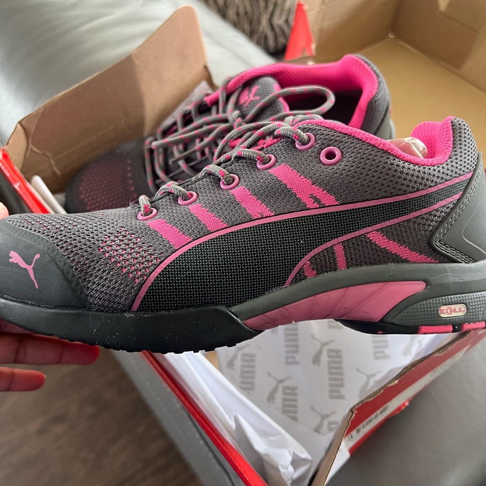 Knit pink and grey puma “steel toe” work shoes